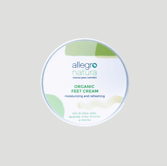 Creme de pés biológico nutritivo e refrescante - Allegro Natura Embalagem redonda branca de creme para pés orgânico Allegro Natura com texto e detalhes verdes