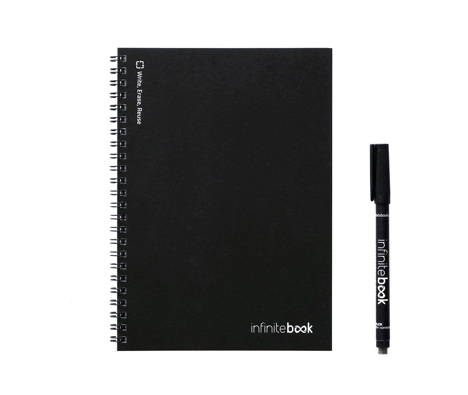 Caderno reutilizável Infinitebook - A5 Preto Caderno e caneta pretos da marca infinitebook sobre fundo branco