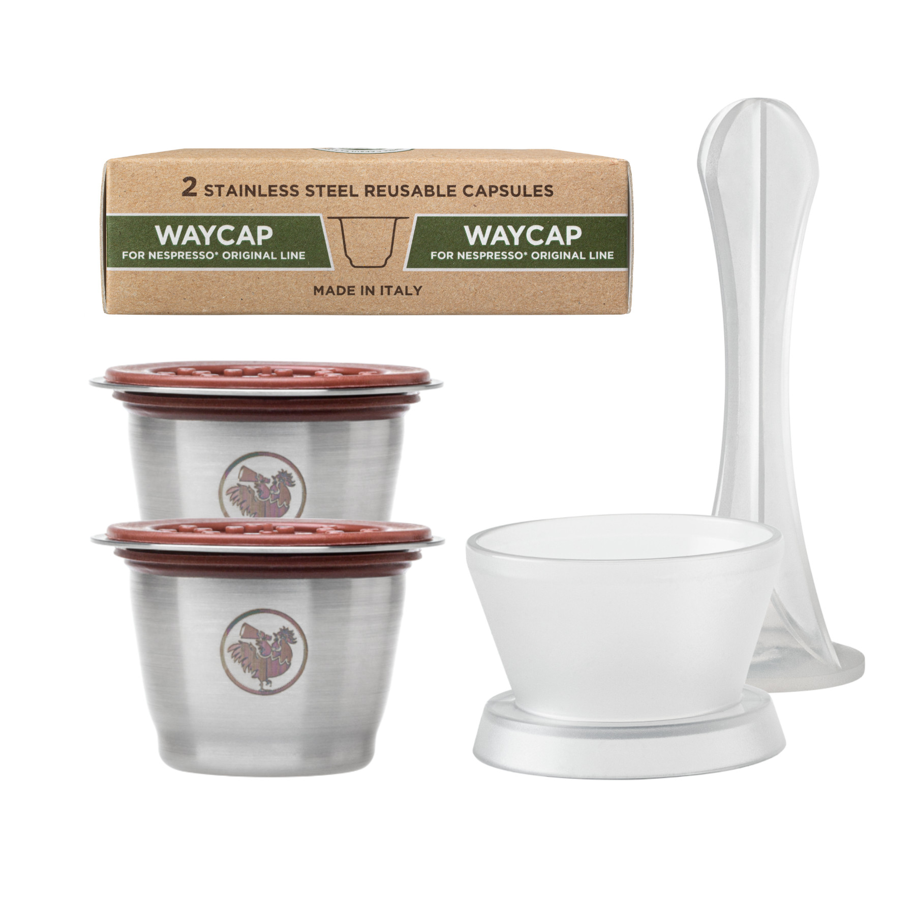 2 Cápsulas de café Nespresso - WayCap POP Basic Kit Conjunto cápsulas reutilizáveis aço inoxidável com escova e base