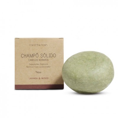 Champô sólido verde claro com embalagem de cartão castanho claro com texto