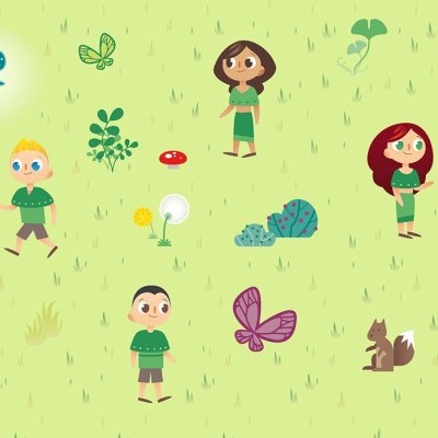 Ilustração colorida de crianças, plantas, borboletas e uma raposa num fundo verde