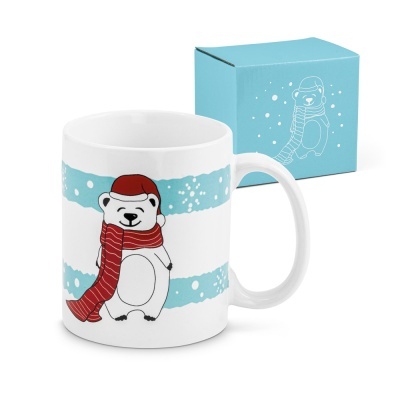 Caneca branca com desenho de urso polar com gorro e cachecol vermelho