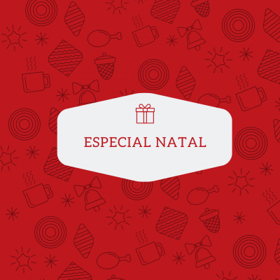 Etiqueta branca com texto 'ESPECIAL NATAL' sobre fundo vermelho com ícones natalícios