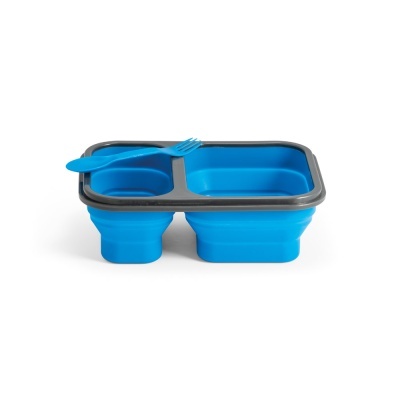 Recipiente dobrável de silicone azul com duas divisórias e garfo azul