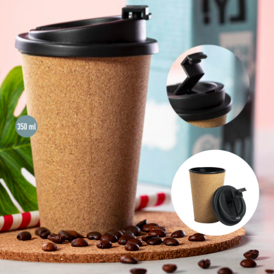 Copo de viagem reutilizável de cortiça com tampa preta e 350 ml