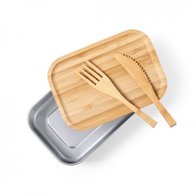 Conjunto de lancheira com tampa e talheres em bambu e base metálica cinza