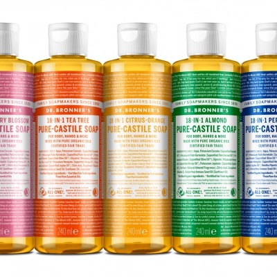 Dez frascos de sabão líquido Dr. Bronner's Castile Soap em várias cores