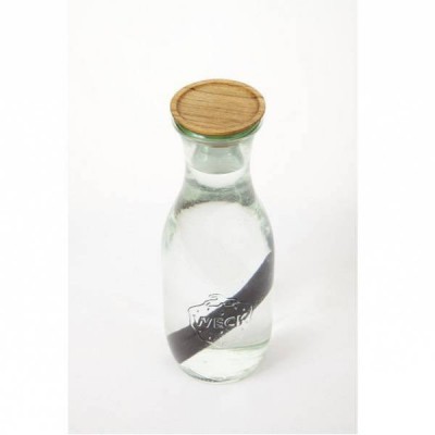 Garrafa de vidro transparente com tampa de madeira clara e texto 'WECK'