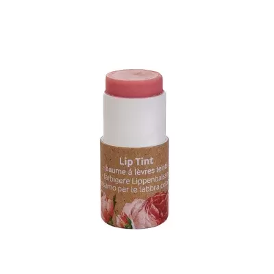 Bálsamo labial Lip Tint rosa em stick com embalagem castanha e flores