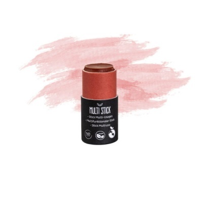 Stick multifuncional de maquilhagem rosa queimado com embalagem preta e texto branco