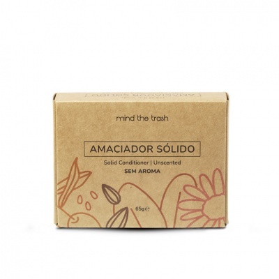 Embalagem de amaciador sólido Mind the Trash em cartão castanho com texto e ilustrações naturais