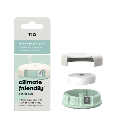 Dispensador de fio dental vegan e recarregável TIO em embalagem verde e branca