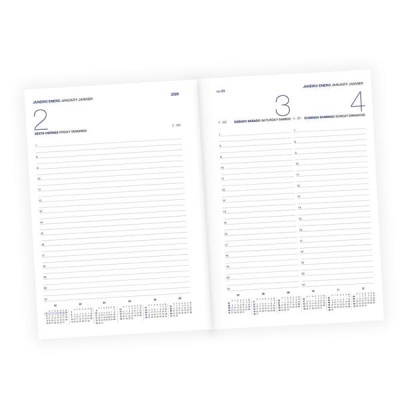 Agenda diária aberta a 2 e 3 de janeiro de 2026 com linhas para notas e texto em múltiplos idiomas