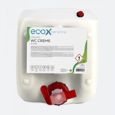 Recipiente branco com WC CREME da marca ecooxperience, tampa e válvula vermelhas.