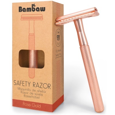 Máquina de barbear de segurança Bambaw cor ouro rosa com embalagem castanha