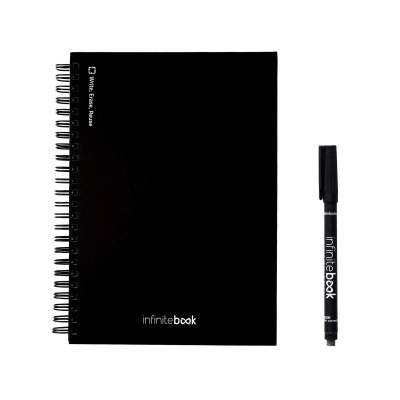 Caderno preto com espiral e caneta preta infinitebook