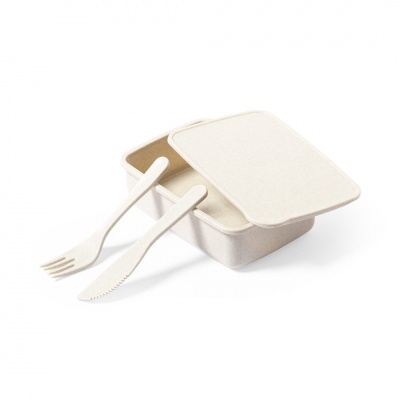 Conjunto caixa com tampa e talheres biodegradáveis creme e branco