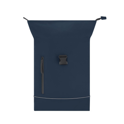 Mochila azul escura com fecho de fivela e bolso vertical