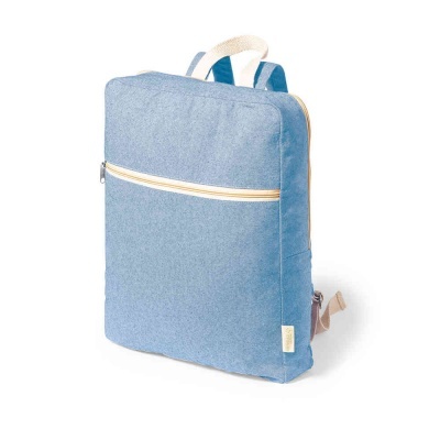 Mochila azul clara de tecido com fecho éclair branco e alças ajustáveis