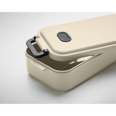 Caixa rectangular de plástico bege com tampa e pega preta