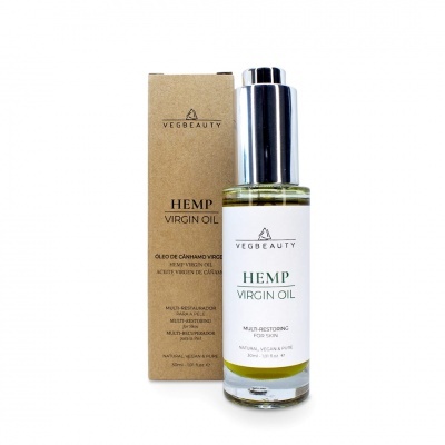 Frasco de óleo de cânhamo Vegbeauty com embalagem de cartão castanho