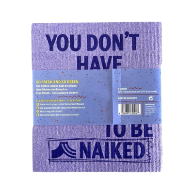 Toalha lilás com texto em azul escuro e embalagem azul claro com texto informativo