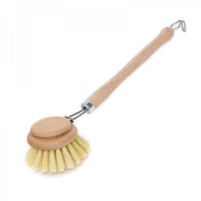 Escova de madeira com cerdas amarelas e gancho metálico no cabo