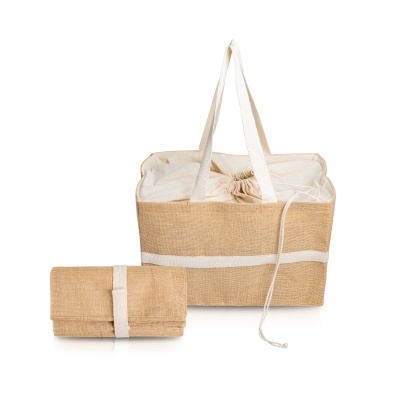 Sacos de praia bege em juta e algodão com alças e cordão de fecho