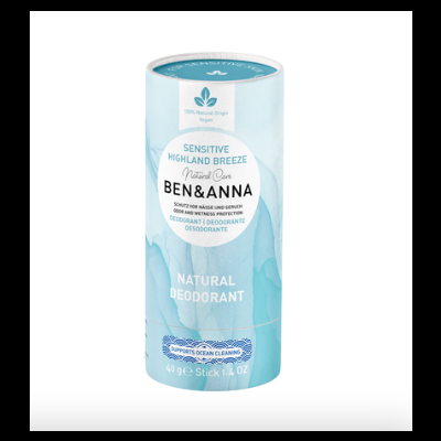 Desodorizante natural Ben & Anna Sensitive Highland Breeze embalagem azul