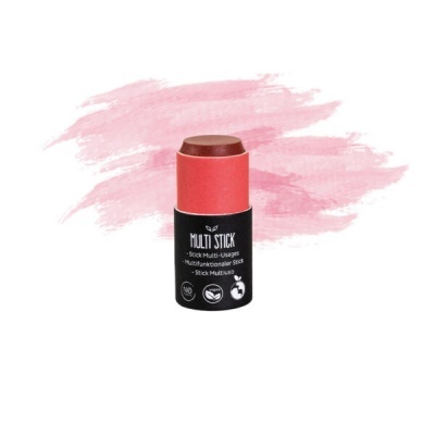 Stick multifuncional rosa e preto com texto e ícones ambientais