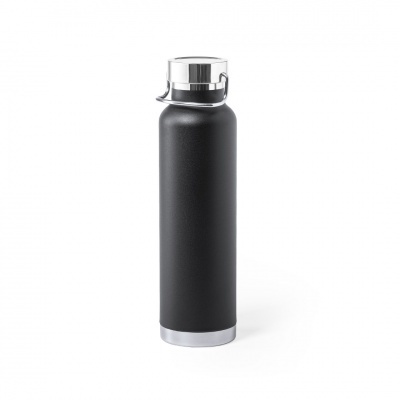 Garrafa térmica preta de aço inoxidável com tampa prateada e alça