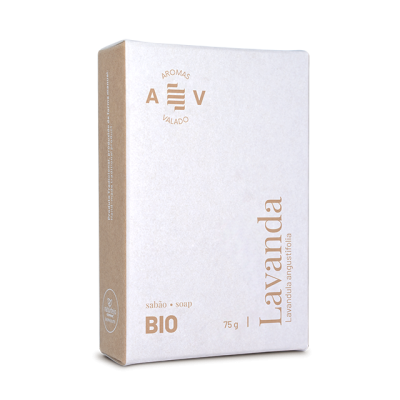 Embalagem de sabão bio Lavanda AROMA VALADO em tons branco e bege