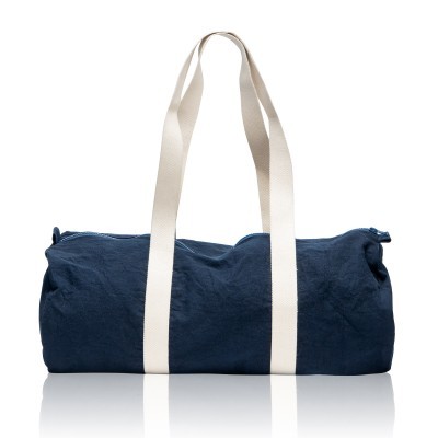 Sacola azul escuro com alças brancas largas.