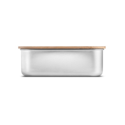 Recipiente retangular prateado com tampa de madeira clara