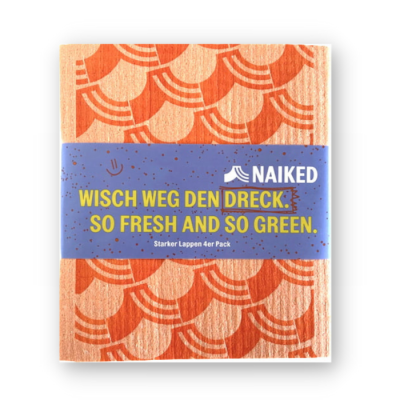 Pano de limpeza laranja com padrão em ondas e embalagem azul com texto da marca NAIKED