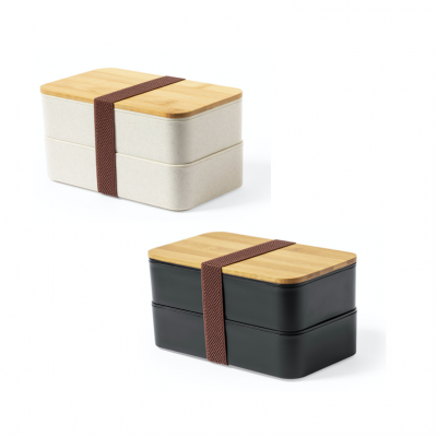 Duas caixas lancheira empilháveis, uma branca e outra preta, com tampas de madeira e elásticos castanhos