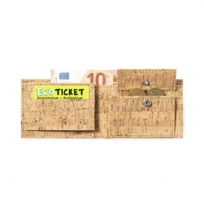 Carteira de cortiça com compartimentos para notas e moedas e etiqueta ECO TICKET