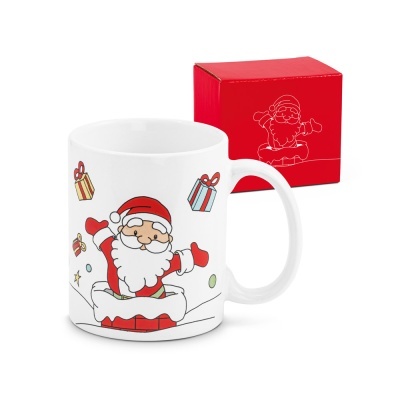 Caneca branca com ilustração do Pai Natal e presentes, e embalagem vermelha com desenho do Pai Natal