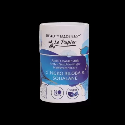 Bastão de limpeza facial Le Papier com texto e design azul e branco