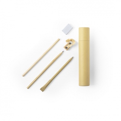 Conjunto de desenho com lápis, borracha, apontador e estojo cilíndrico em papel kraft