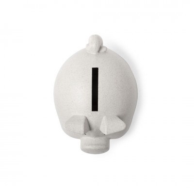 Cofre de porco cinzento visto de cima com ranhura para moedas