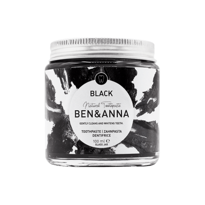 Frasco de pasta de dentes natural BEN&ANNA Black em vidro com tampa prateada