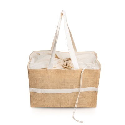 Saco de compras tipo cesto em juta bege com alças e fecho em tecido branco