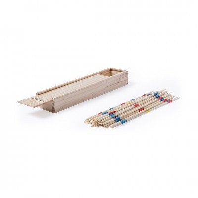 Jogo de palitos de madeira com caixa retangular de madeira