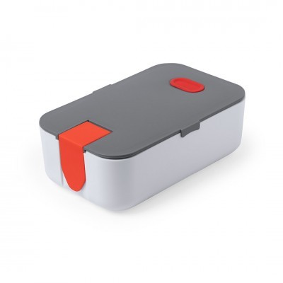 Caixa retangular branca com tampa cinzenta e detalhes vermelhos