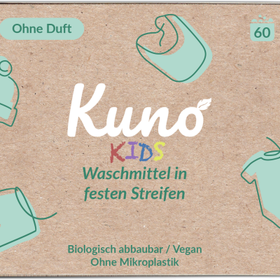 Embalagem de detergente sólido para roupa Kuno KIDS em papel castanho com desenhos verdes de roupa de bebé