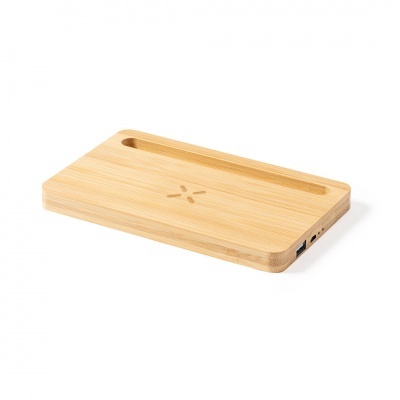 Base retangular em madeira clara com entalhe e porta USB