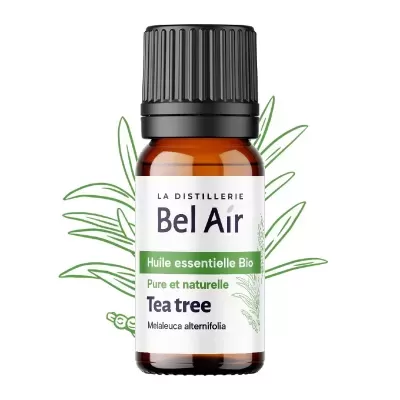 Frasco de óleo essencial Tea Tree da marca Bel Air com rótulo branco e detalhes verdes.