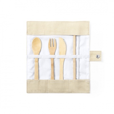 Conjunto de talheres de bambu em estojo de tecido beige e branco
