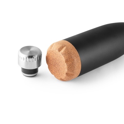 Frasco preto cilíndrico com tampa de cortiça e tampa metálica separada